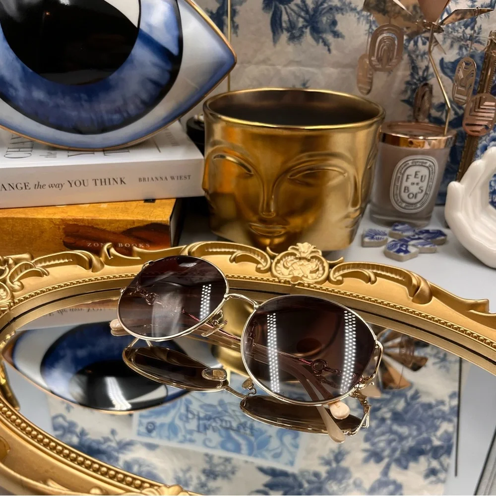 🆕 GUCCI 🧿 NWOT GG1017 Light Gold Metal Rimmed Round Sunglasses Brown Gradient - Picture 15 of 16